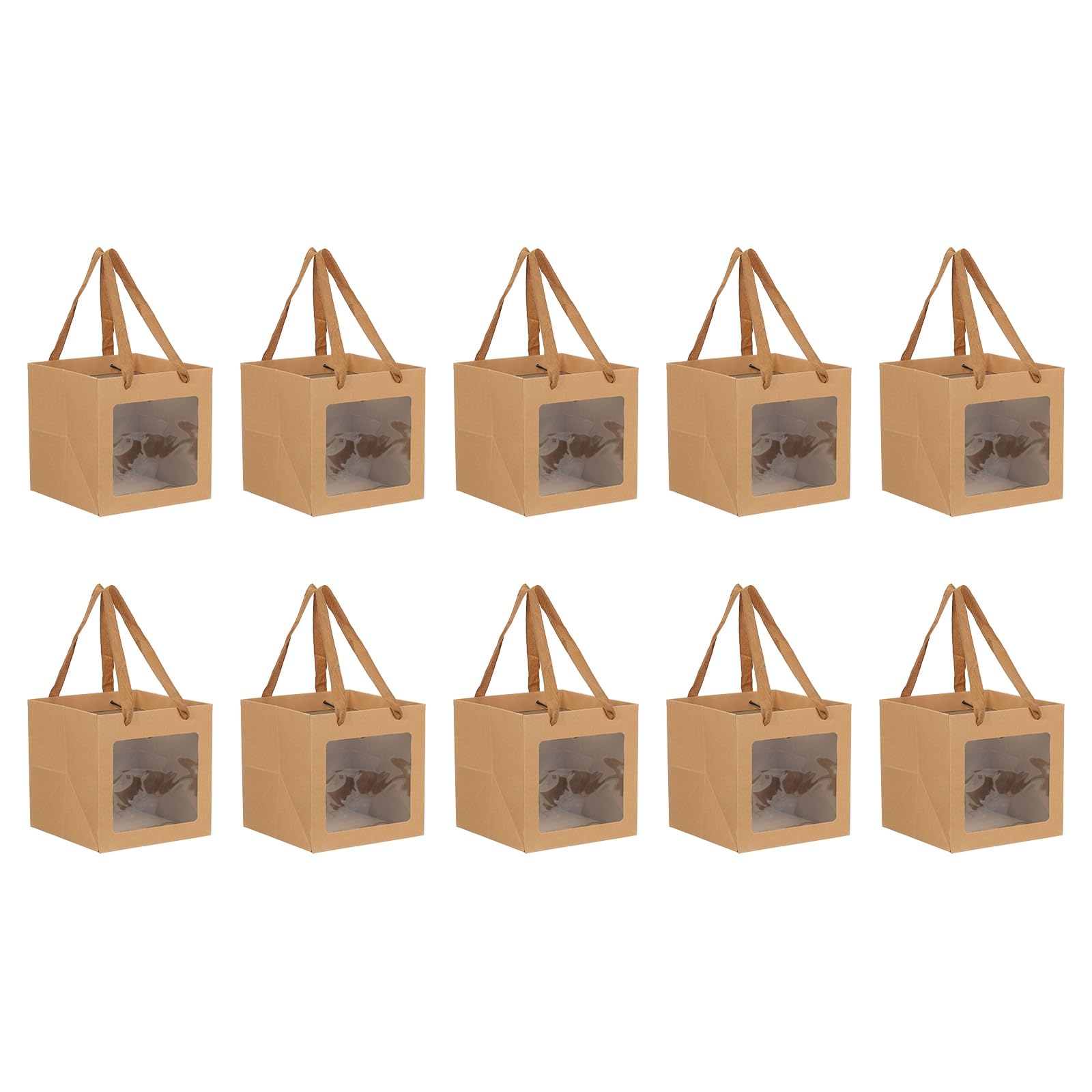 PATIKIL 10Pcs Paper Gift Bags with Window, 20 x 20 x 20cm Square Medium Kraft Gift Wrap Bags for Wedding Birthday Party Shopping, Light Brown