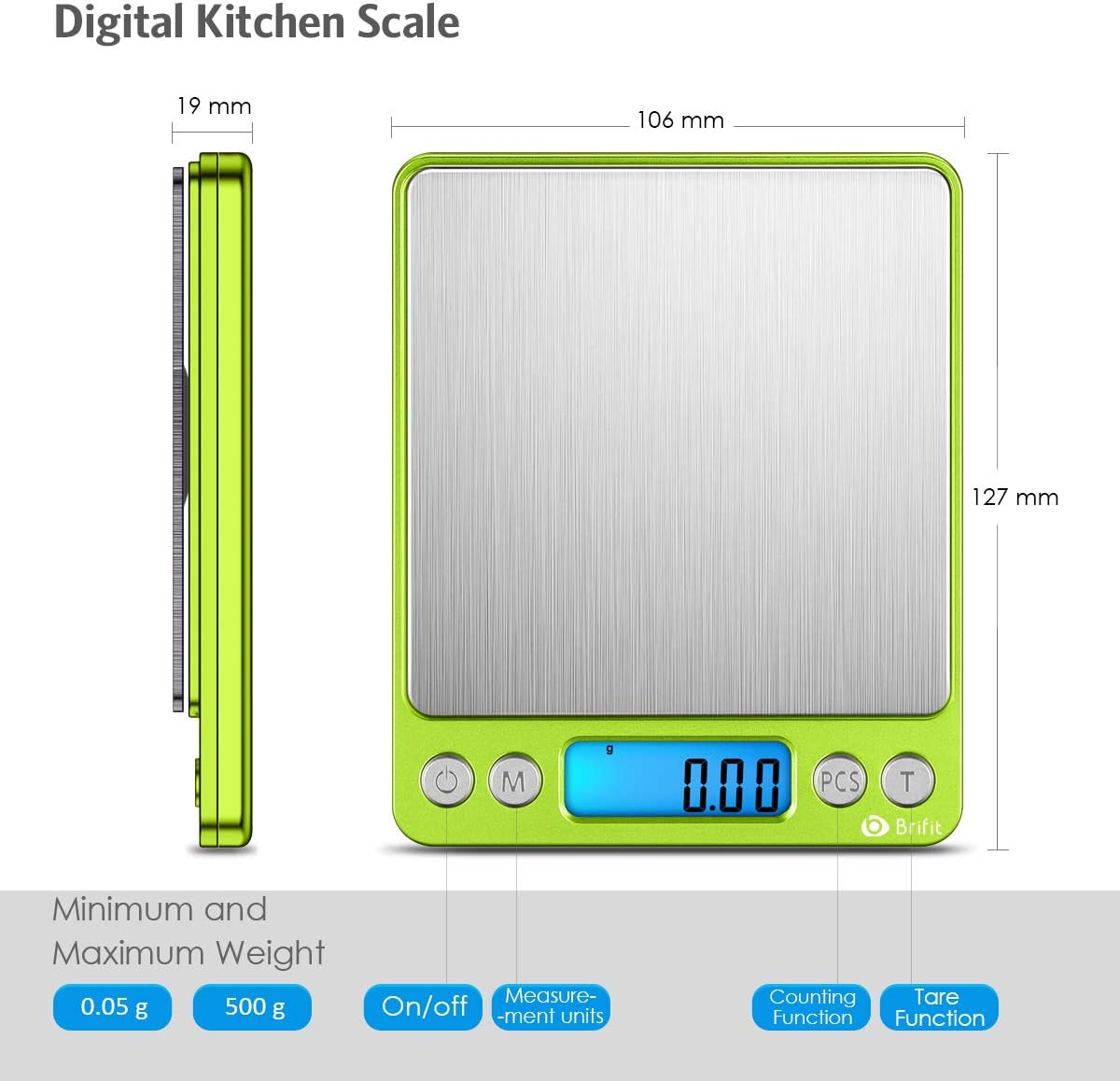 AMIR (Upgradaed) Brifit Digital Kitchen Scale, 500g-0.01g Mini Pocket Jewelry Scale, Cooking Food Scale with Backlit LCD Display, 2 Trays, 6 Units, Auto Off, Tare, Stainless Steel (Battery Included)