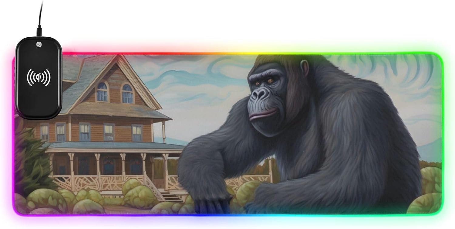 Gaming Mouse Pad, Wireless Charging RGB LED Extended DEST Mat Personalized Pattern (Gorilla at Farm) with 14 Light Effects for Desk