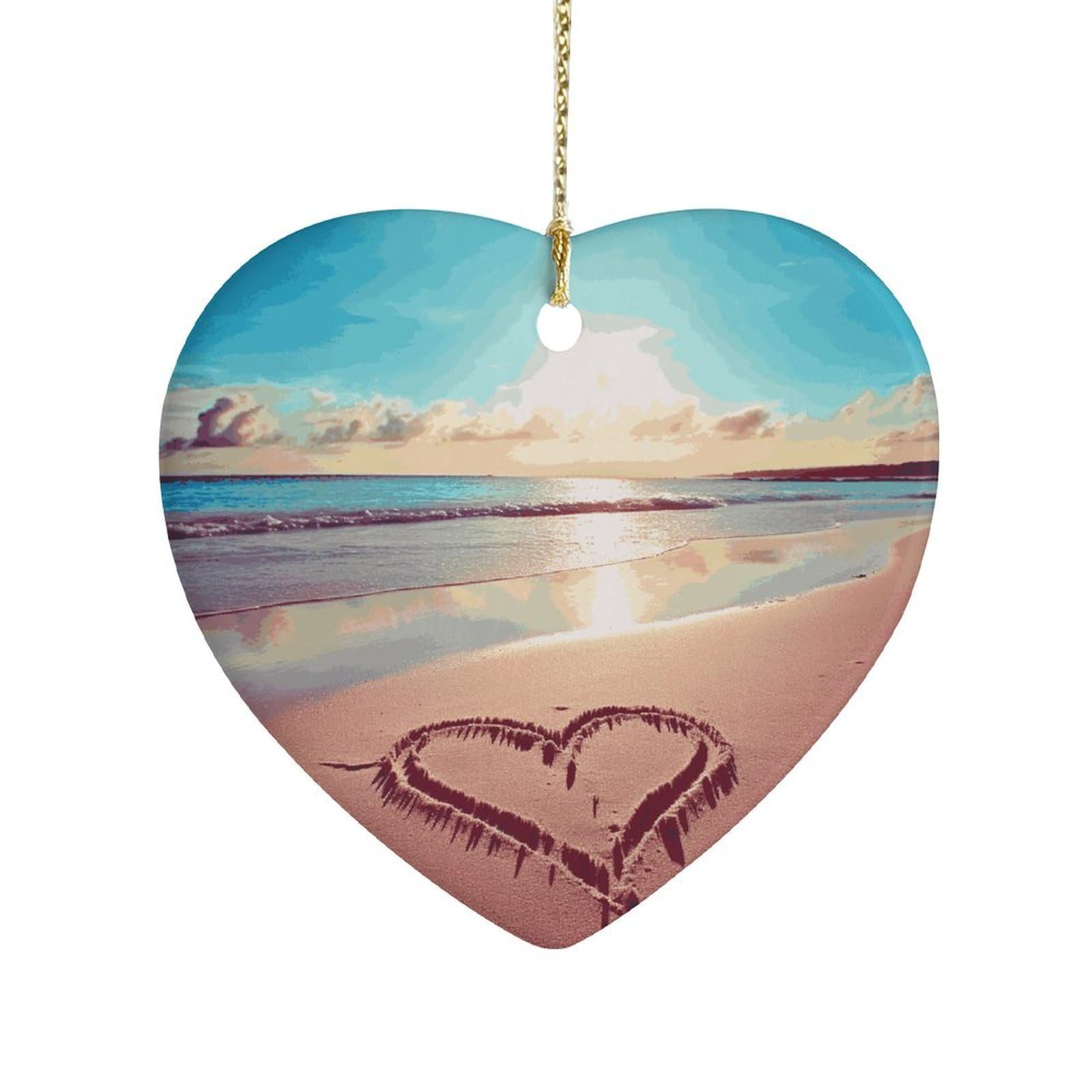 Love Beach Heart Ornament Precious Heart-Shaped Pendant Idea Ceramic Ornaments with Gold String Personalized Heart Shaped Decoration for Outdoor Party Love