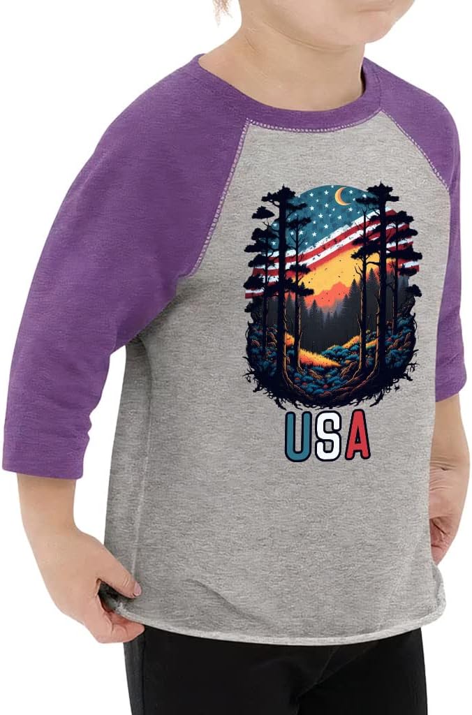 USA Print Toddler Baseball T-Shirt - Forest 3/4 Sleeve T-Shirt - Colorful Kids' Baseball Tee