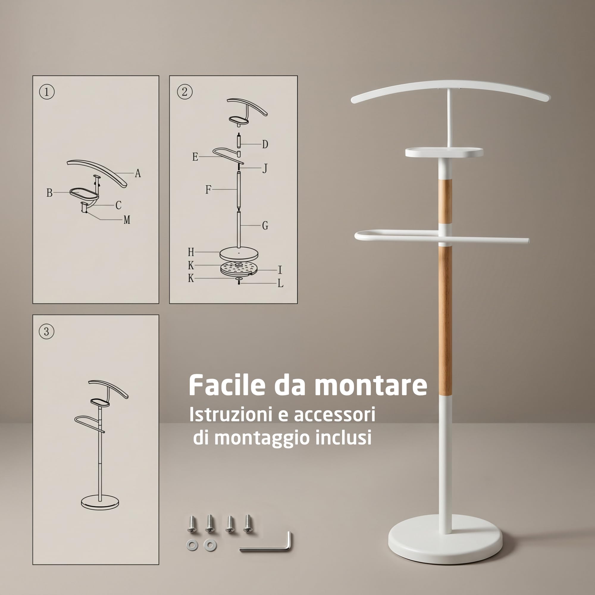 Servo Muto Mod. EIDE - Colore Bianco e Legno - Con Appendiabiti Superiore e Barra per Pantaloni - 47 x 29 x 111 cm - Acciaio e Legno - Appendiabiti per Camera da Letto