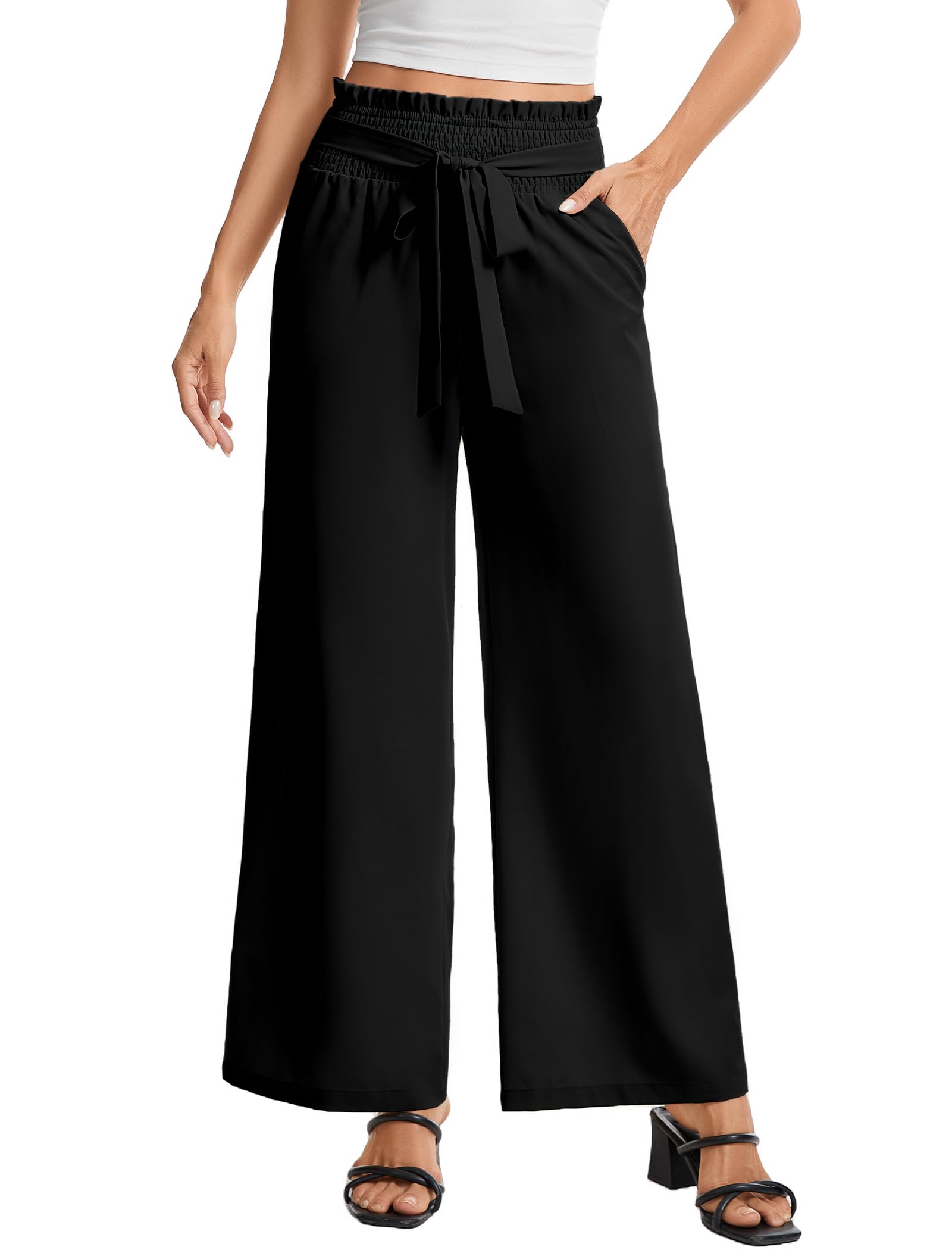 Womens Casual Wide Leg Pants High Waisted Elastic Trousers Flowy Dress Pants for Work with Pockets and Tied