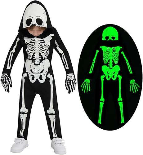 Miniatura 14 de Weixinbuy Disfraz de esqueleto de Halloween para niños, overol luminoso de huesos de calavera aterrador que brilla en la oscuridad, traje para niño