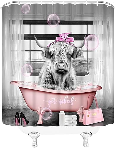 Miniatura 4 de WUASDCS Juego de 2 cortinas de ducha para baño, diseño de vaca de las tierras altas, color rosa, divertido y lindo animal para tina, bolsa de tacón