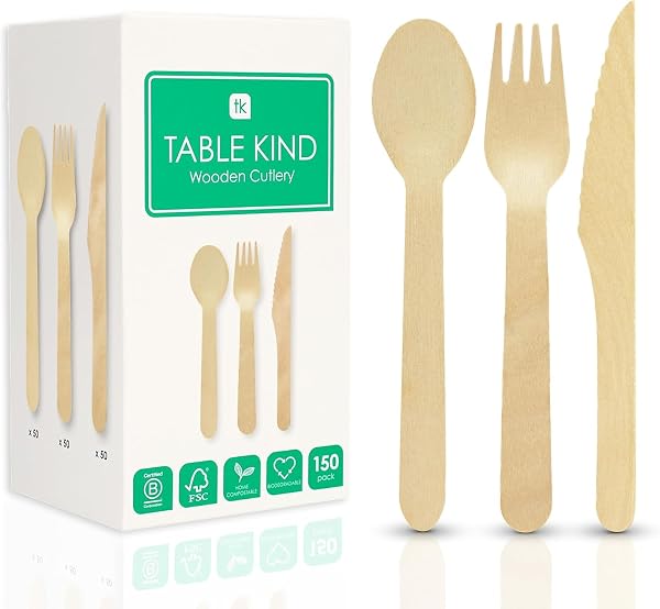 Talking Tables 150 x Ensemble De Couverts En Bois Couteaux Fourchettes Cuillères Pour Fêtes D'Anniversaire Camping Pique-Niques, Barbecues, Noël, Ustensiles De Restauration 16 cm - 2