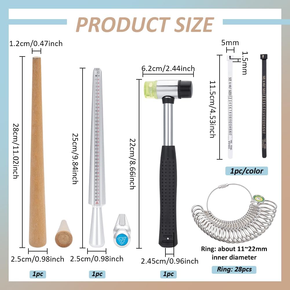 BENECREAT 6Pcs Ring Sizer Measuring Tools, Including Ring Sizer Gauge, Ring Mandrel, Wood Polishing Stick and Jewelry Hammer, Finger Sizing Measuring Kit for Ring Making and Repair