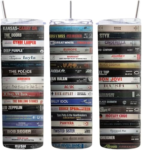 Vaso de cinta de casete, 20 onzas, tema de roca de los años 80, tapa y popote incluidos, hecho a mano, hecho a medida