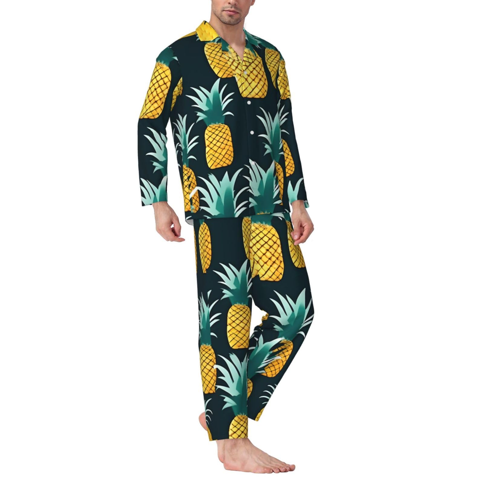 Herren-Pyjama-Set mit Ananas-Druck, langärmelig, zweiteilig, Hauskleidung, bequeme Nachtwäsche