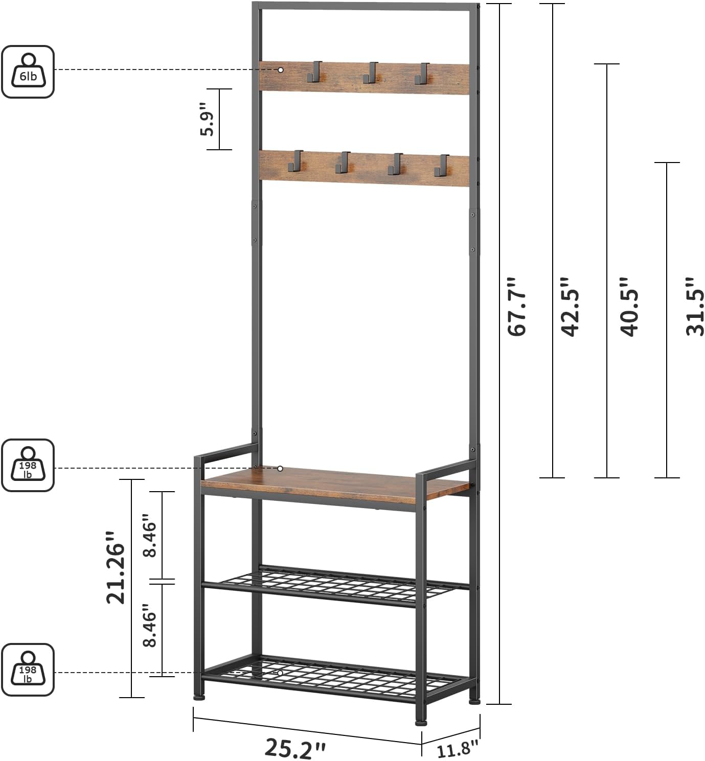 Hall Tree with Shoe Storage Bench - Entryway Bench with Coat Rack and Hooks - 3-in-1 Small Hall Tree for Entry Way, Entrance, Hallway, Doorway, Front Door, Mudroom, Small Space - Rustic Brown