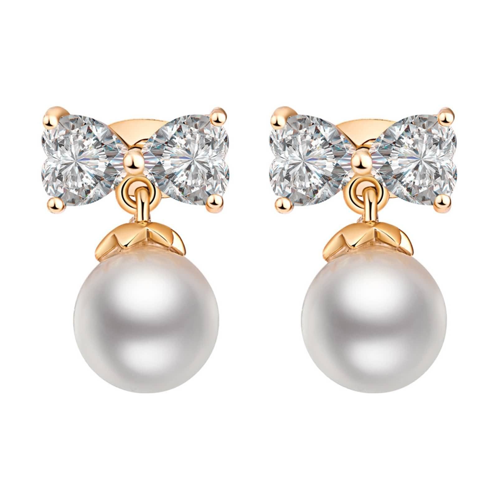Pendientes para Mujer Oro Amarillo 9 K / 14 K / 18 Kt, Lazo y Perla con Moissanita, Pendientes de Mujer Colgante Oro