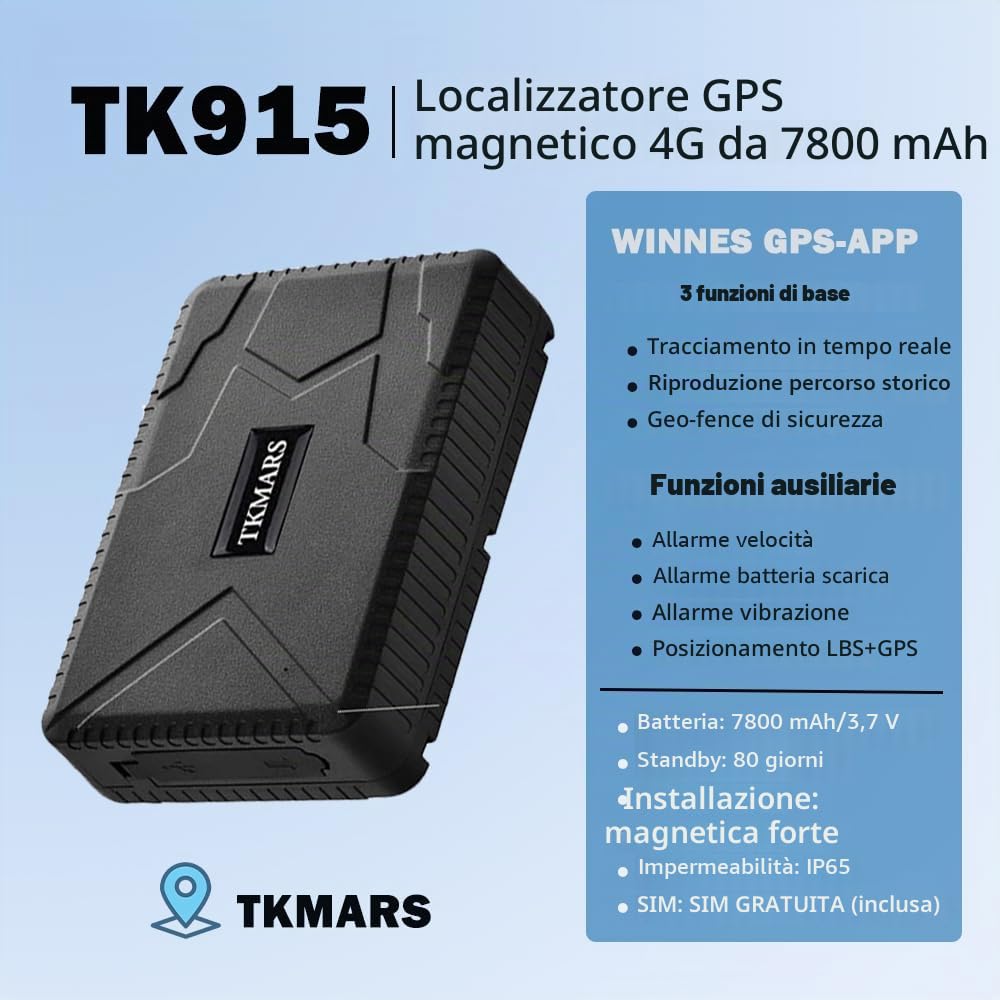 GPS Tracker per Auto,10000mAh Localizzatore GPS con Forte Magnete con APP Senza Abbonamento Posizionamento in Tempo Reale Dispositivo Antifurto per Veicolo Auto Moto Camion Tracker TK915