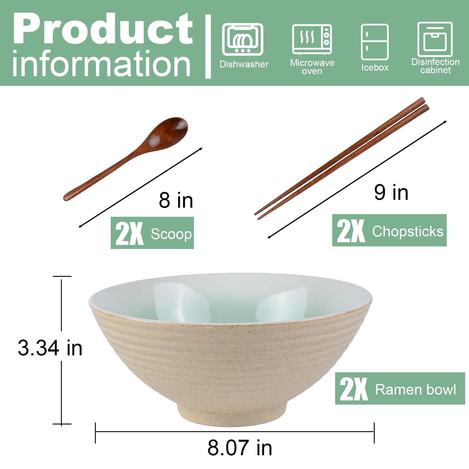 Set di 2 ciotole per ramen da 1200 ml, con bacchette in legno, cucchiaio per ramen, ciotole giapponesi grandi, per zuppe, insalata, cereali, noodle, forno a microonde e lavastoviglie, colore