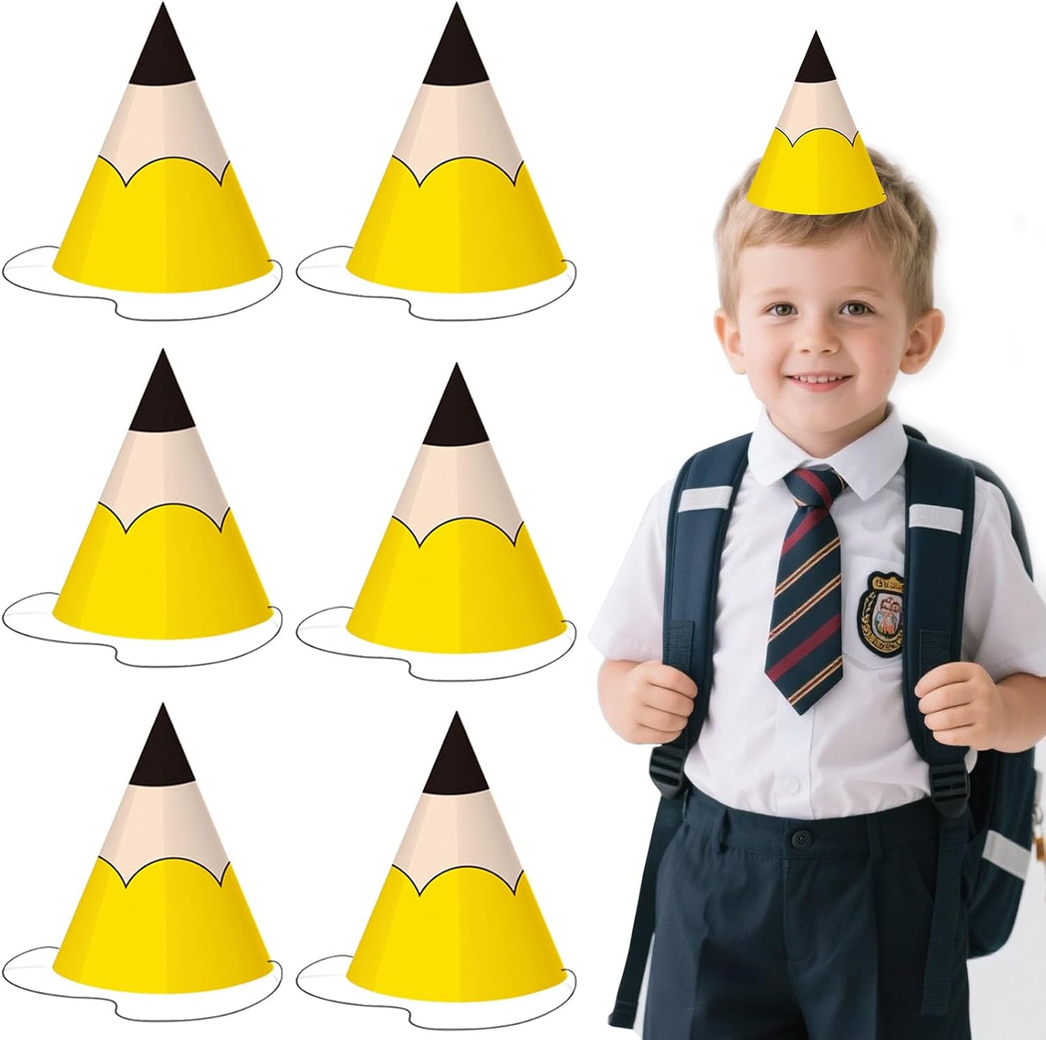 6 Pcs Back to School Themed Pencil Design Party Hats for Kids - Yellow Cone Shaped Classroom Hats with Comfortable Elastic Band for Classroom Party, Teacher Appreciation Day, First Day School