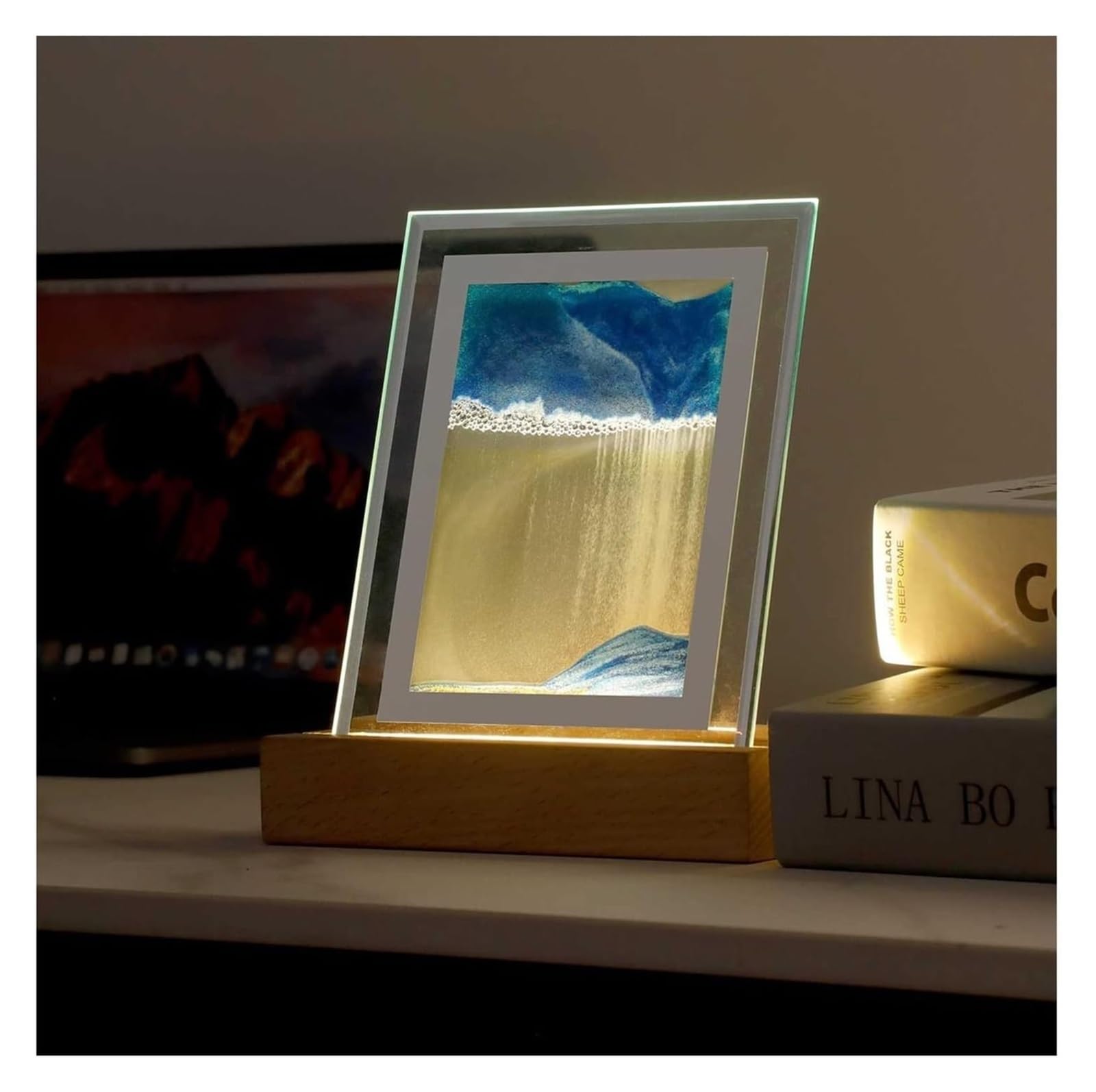 SXDMOUBK Quicksand Painting Table Lamp 3D Deep Sea Sandscape Table Lamp, Square Glass Frame Display Flowing Sand Relaxing Gift for Home Office Work Desktop Decoration