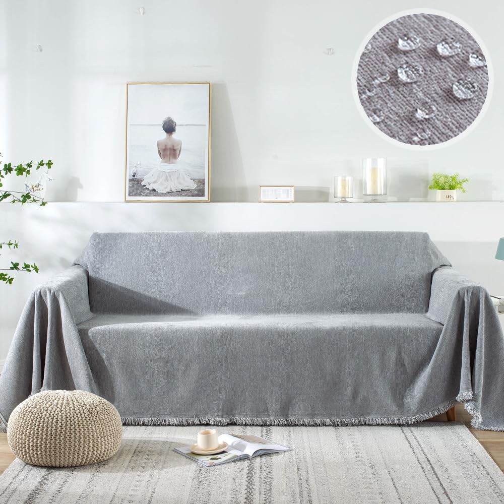 Awjcsv Sofa Covers Washable Dog Couch Cover Blanket Couch Covers for 3 Cushion Couch Sofa Pet Friendly, Chenille Soft Cover with Tassels (Light Gray, 71" x 118")