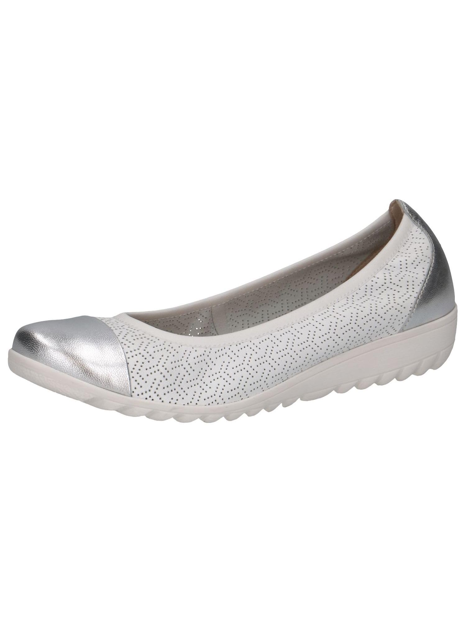 CAPRICE Women Ballet Flats Leather Round Toe, White (White/Silver), 3.5 UK