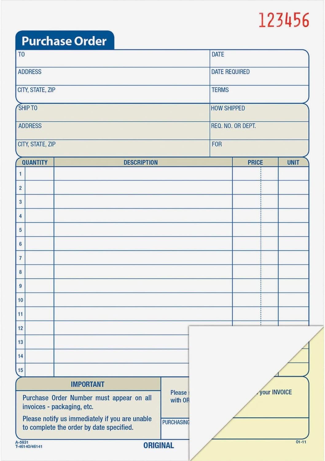 Adams Purchase Order Book, 2-Part Carbonless, White/Canary, 5-9/16 x 8-7/16 Inches, 50 Sets (DC5831)