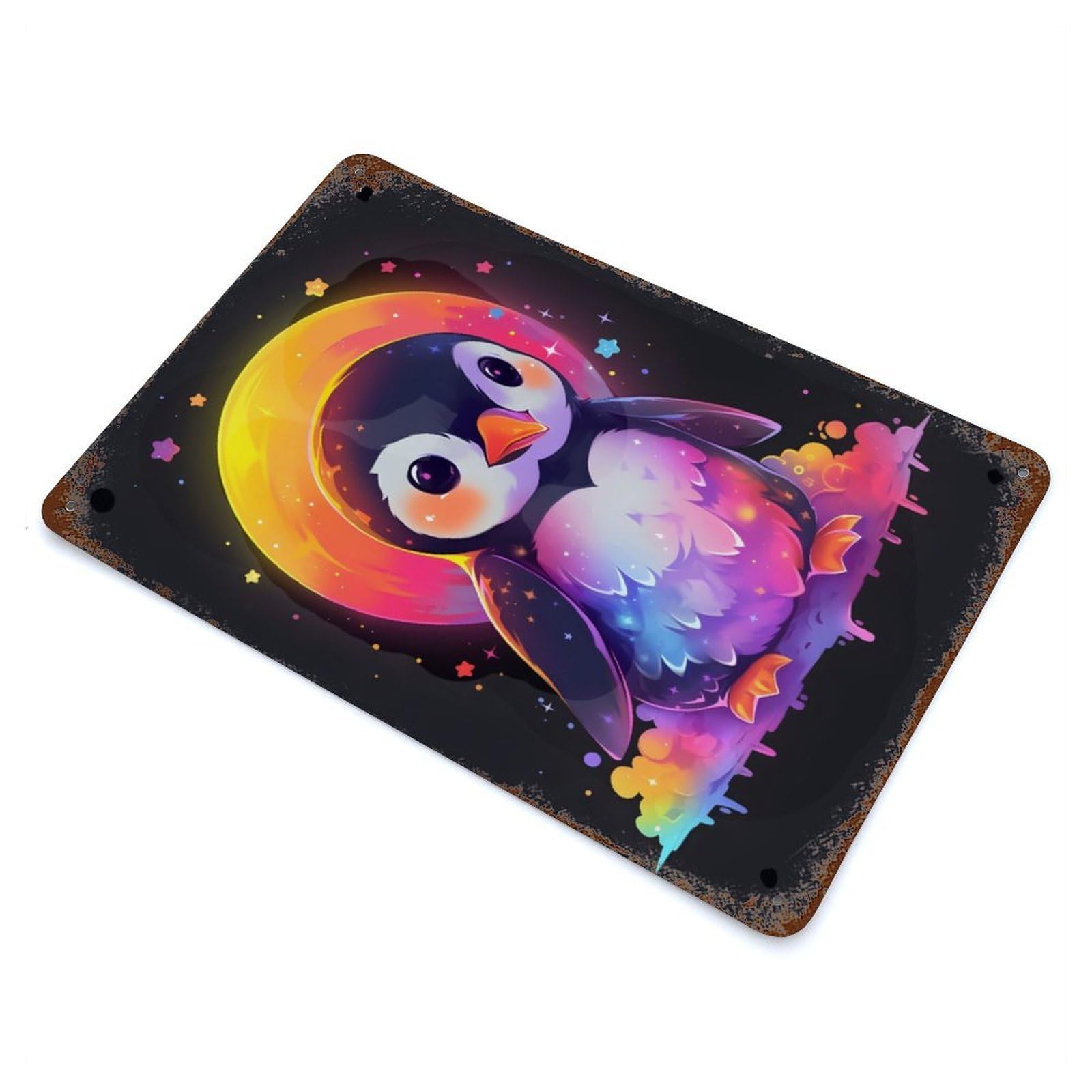 Colorful Penguin And Moon Rust Effect Tin Sign 11.8"x7.9", Rustic Home Decor for Garage, Bar And Workshop Decor