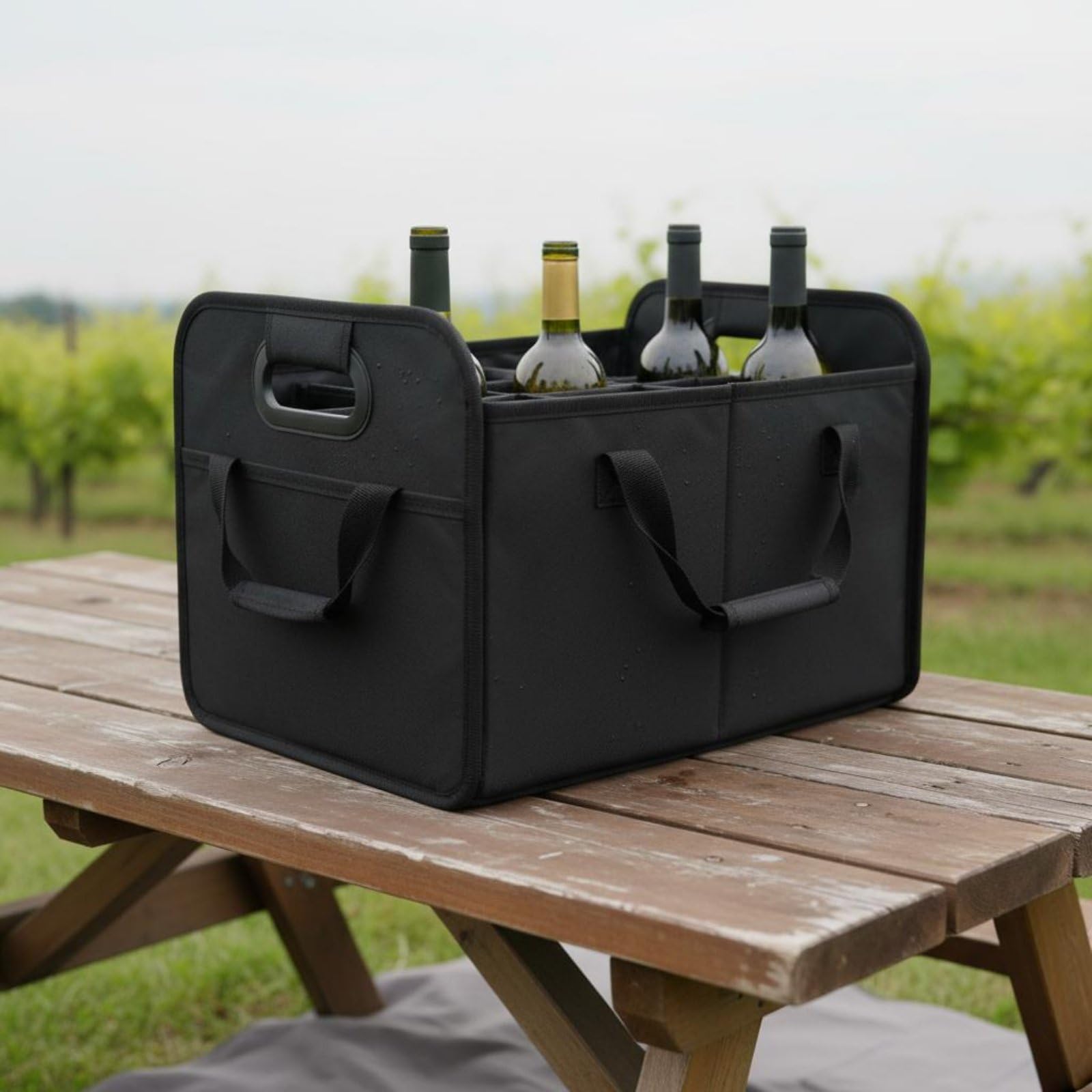perfk Portabottiglie Pieghevole Organizer Auto Contenitore Bevande Borsa Bottiglie Cassetta Trasporto Collassabile Impermeabile con Manici Rinforzati E, Nero