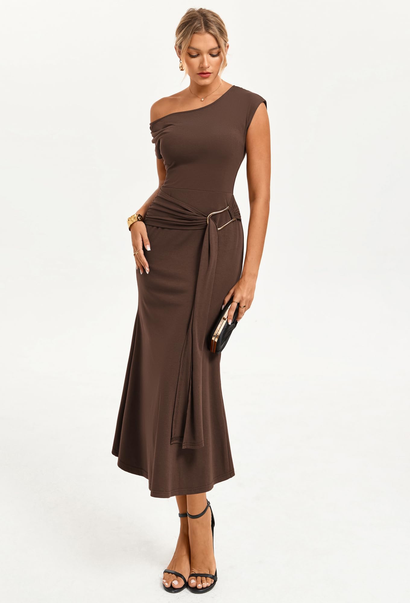 GRACE KARIN Maxi abito da donna aderente con maniche ad aletta asimmetriche e collo obliquo, fascia e decorazione in metallo