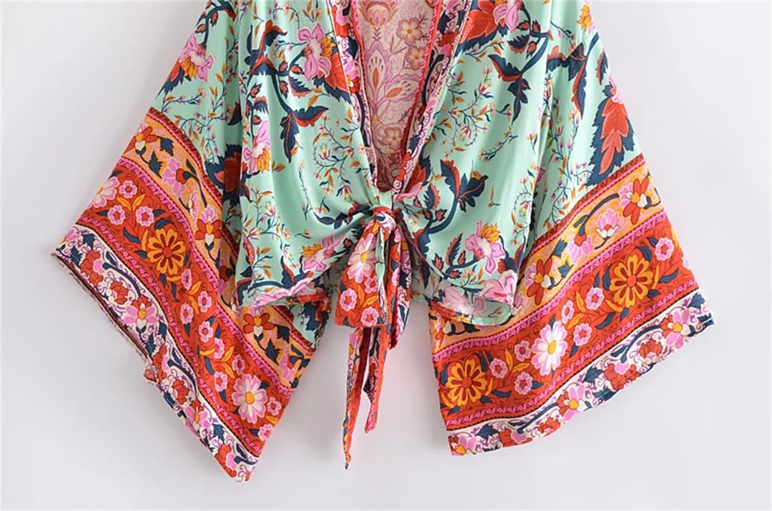 Kimono corto con estampado floral para mujer, cuello en V, mangas murciélago, bata bohemia para cubrir el bikini
