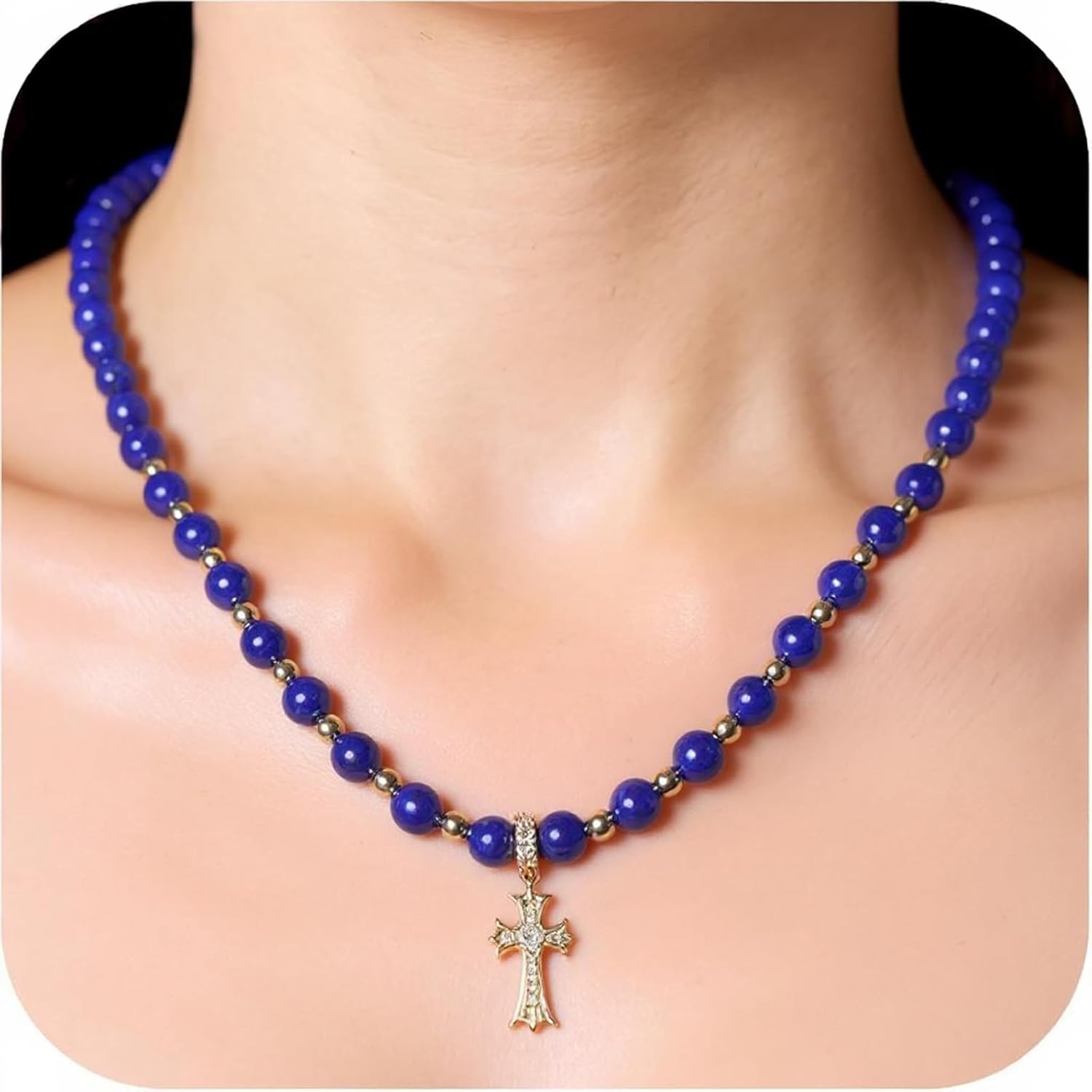 Nature Lapis Lazuli Women's Pendant Necklace 14k Gold Diamond Cross Handmade Jewelry Royal Blue Stone Princess Length 18'' For Girlfriends Mother Her Gift Ready