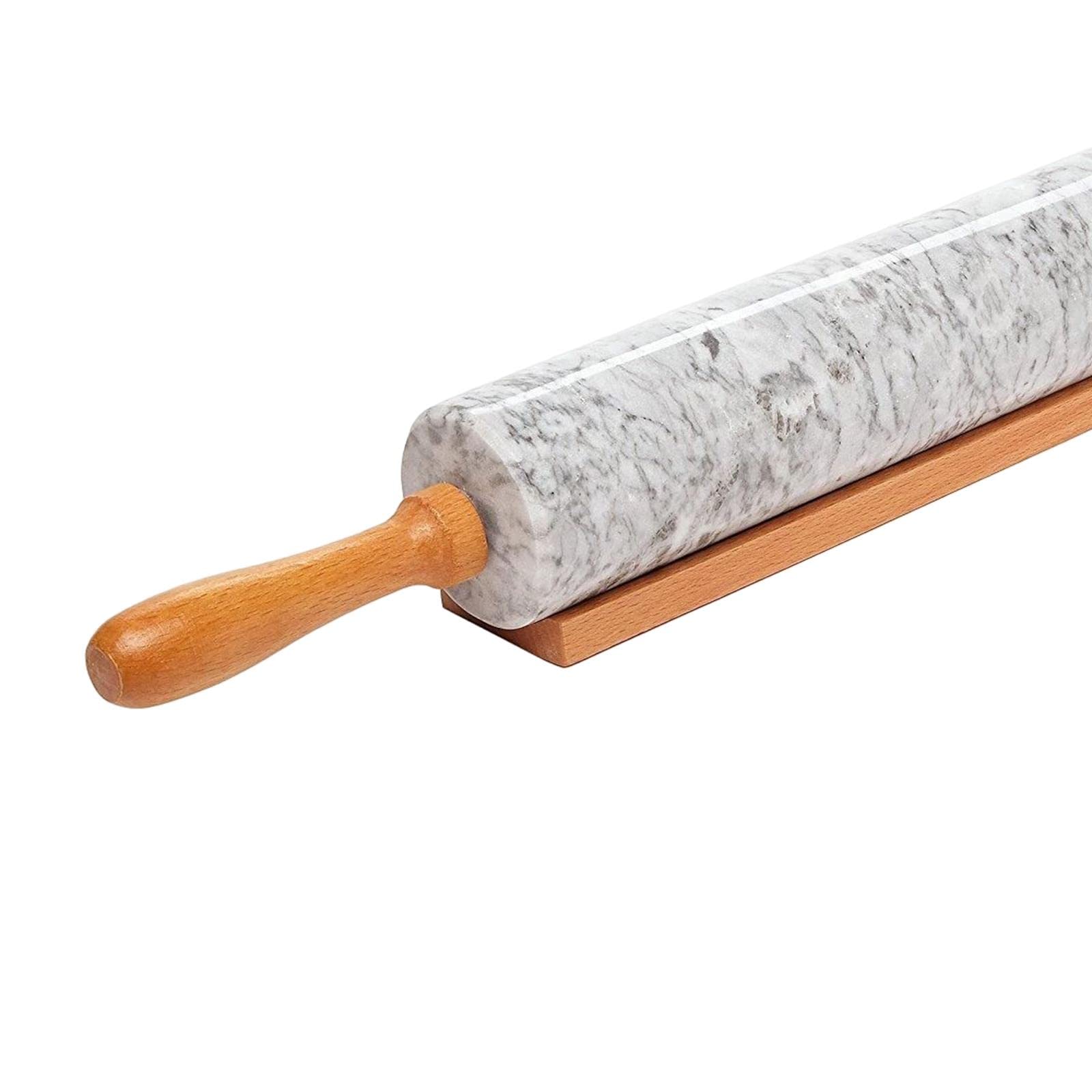 Rodillo de Mármol con Mango Y Base de Madera, Revestimiento Antiadherente, Ideal para Hornear Pasteles Y Pizzas, para Extender, Blanco, Individual