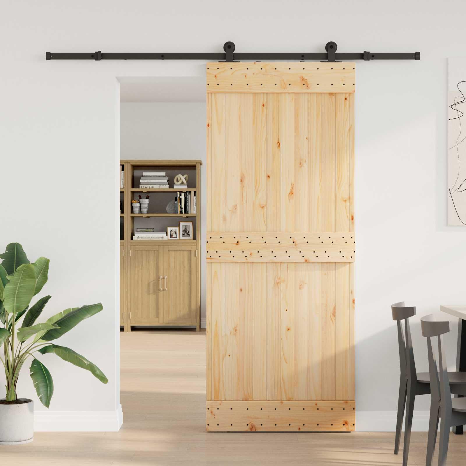 Porta scorrevole Narvik, 85 x 210 cm, in legno di pino massiccio con sistema di guide in acciaio verniciato a polvere, per interni