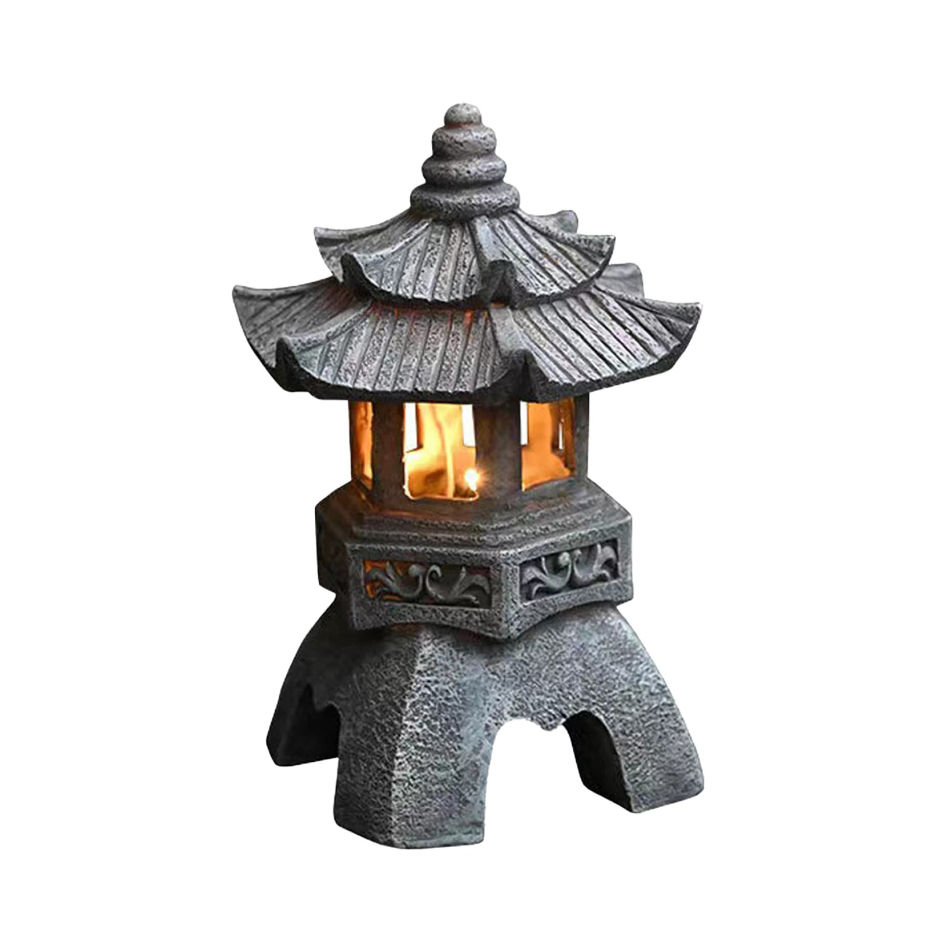 Décoration de Jardin, Statue de Jardin Pagode, Style Japonais, Résine Résistante aux UV, Lanterne Solaire, Gris