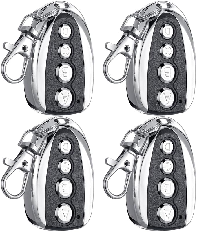 Konohan 4 Pcs 433.92 Mhz Universal Gate Remote for Automatic Sliding Control, Compatible with PT2240 PT2260 PT2262 EV1527 FP527 AX5326 & More, 4 Keys to Control, Black & Silver, 5 Meters Range