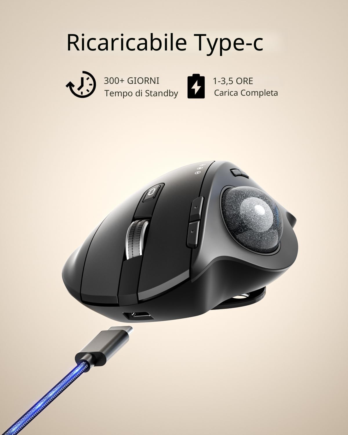 ProtoArc EM01 NL Mouse Trackball Senza Fili Ergonomico, Angolo Regolabile | Controllo Pollice, Ricaricabile, 2.4G USB e 2 Bluetooth, 5 DPI, per PC/Mac/iPad/Windows