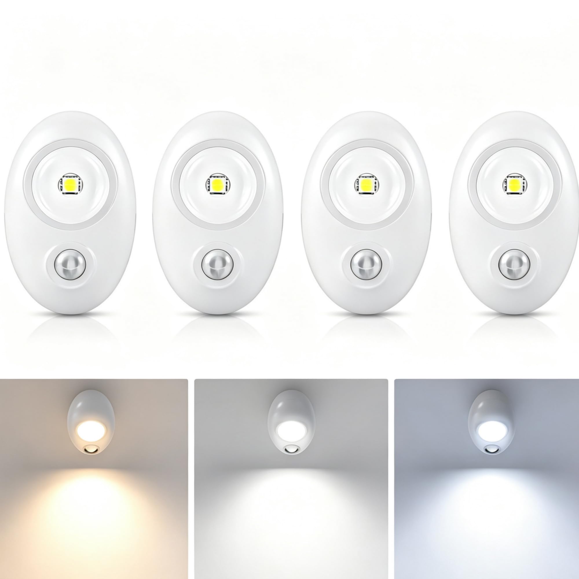 Lot de 4 veilleuses d'intérieur rechargeables en forme de galet avec détecteur de mouvement, 3 couleurs (blanc froid/lumière chaude/lumière naturelle) avec contrôle à un seul bouton, intensité