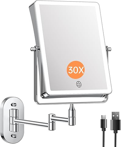 Famihomii 5000mAh Espejo de Maquillaje Recargable con iluminación LED, Espejo de Maquillaje con Aumento de 1/30x e Interruptor táctil, Espejo de Afeitar Regulable, Giratorio 360° (Cromo)