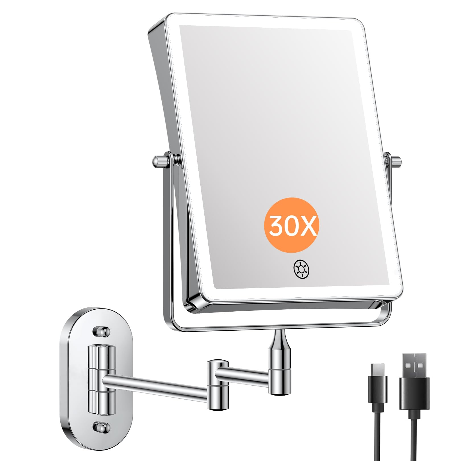 Famihomii Wiederaufladbar Kosmetikspiegel mit LED Beleuchtetung, 4500mAh Schminkspiegel mit 1-/30X Vergrößerung Und Touchschalter Batterie, Dimmbarer Rasierspiegel 360° Schwenkbar Wandmontage (Chrom)