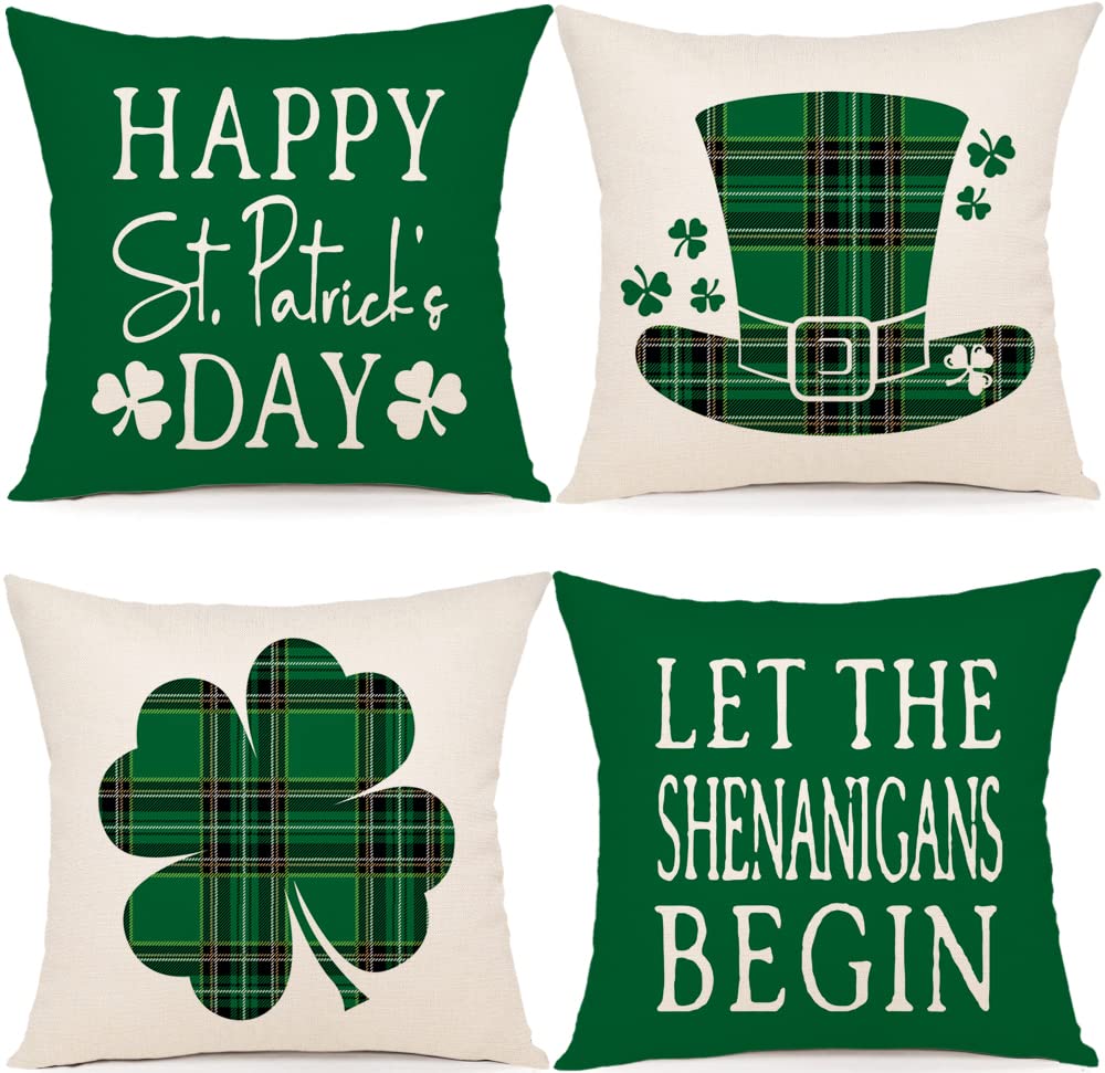 YCOLL St Patricks Day Decorations Throw Pillow Covers 18x18 Set of 4 Scottish Tartan Plaid St Patricks Day Hat Farmhouse Classic Decorative Square