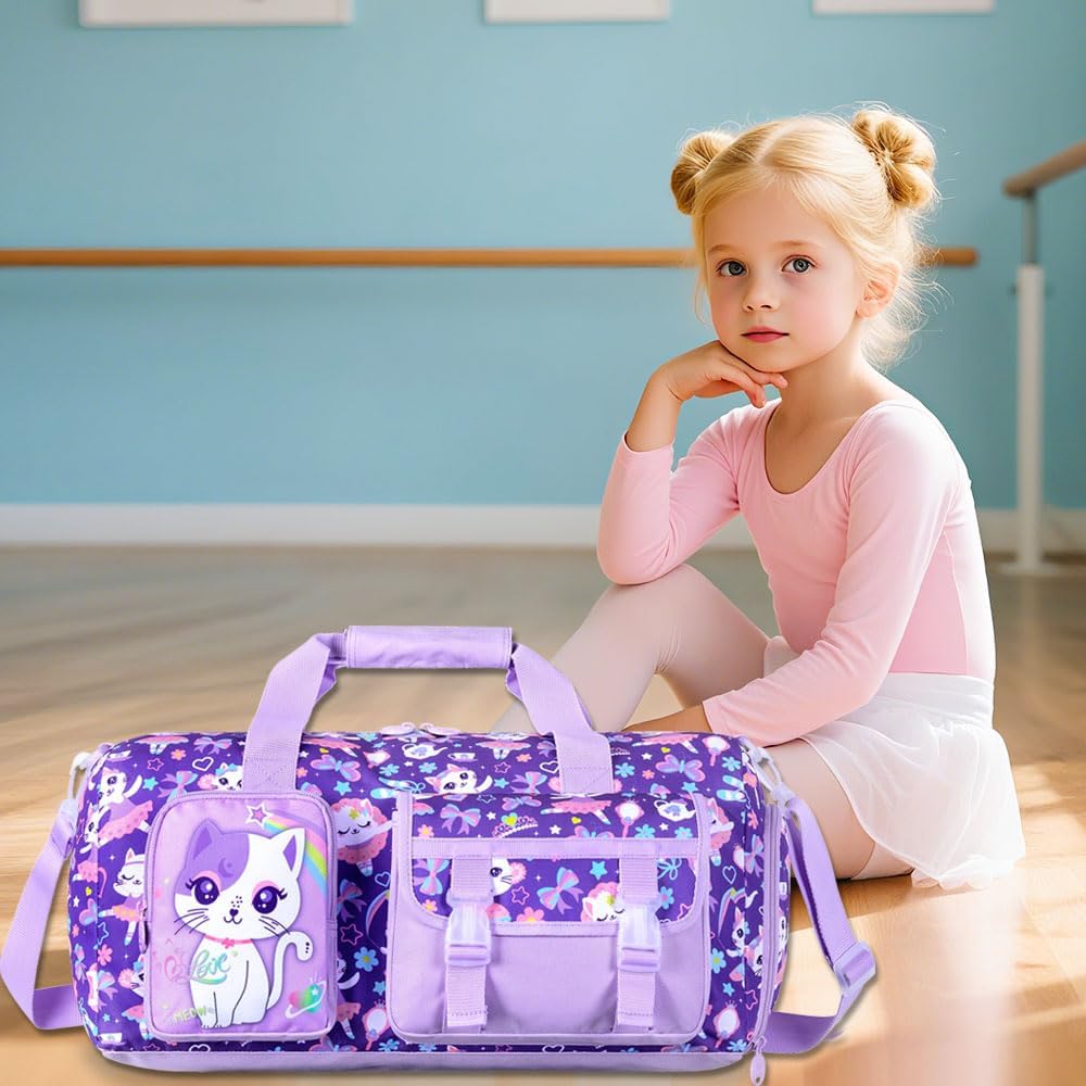 Kids Duffle Bag for Girls, Water Resistant Travel Bag with Separate Shoe Compartment for Sports, Gym, Overnight Weekender - Purple Cat - Image 7