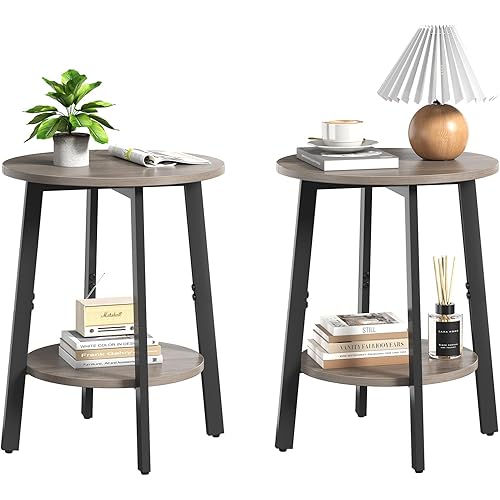 Side Table Set of 2, Small Round End Table with Storage Shelf for Small Space, 2-Tier Bedside Table Sofa Couch Table, Nighstands Set of 2 Accent Table for Living Room, Bedroom, Grey