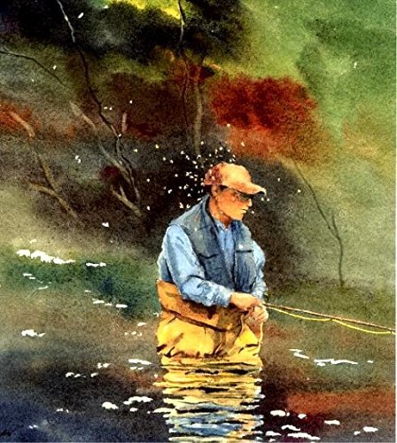 Fly fisherman with a hatch. watercolor art print Cottage Decor Rainbow and Brook Trout by Barry Singer gift for the fly fisherman lake House painting