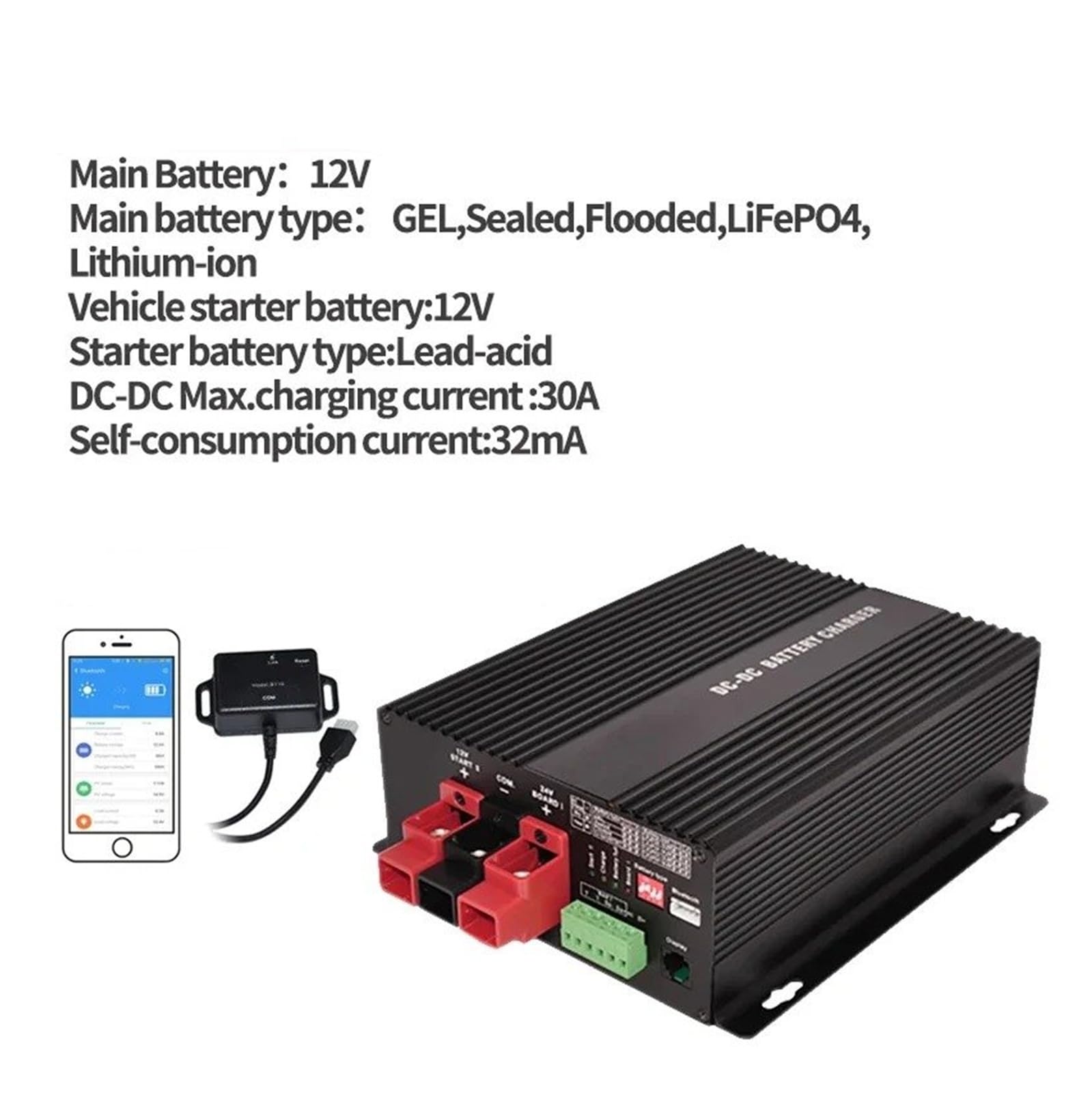 Convertidor Adaptador Cargador Inteligente 12V CC 30A Refuerzo Compatible Aplicación Bluetooth Batería Litio Temperatura Carga Completamente Automática inversor