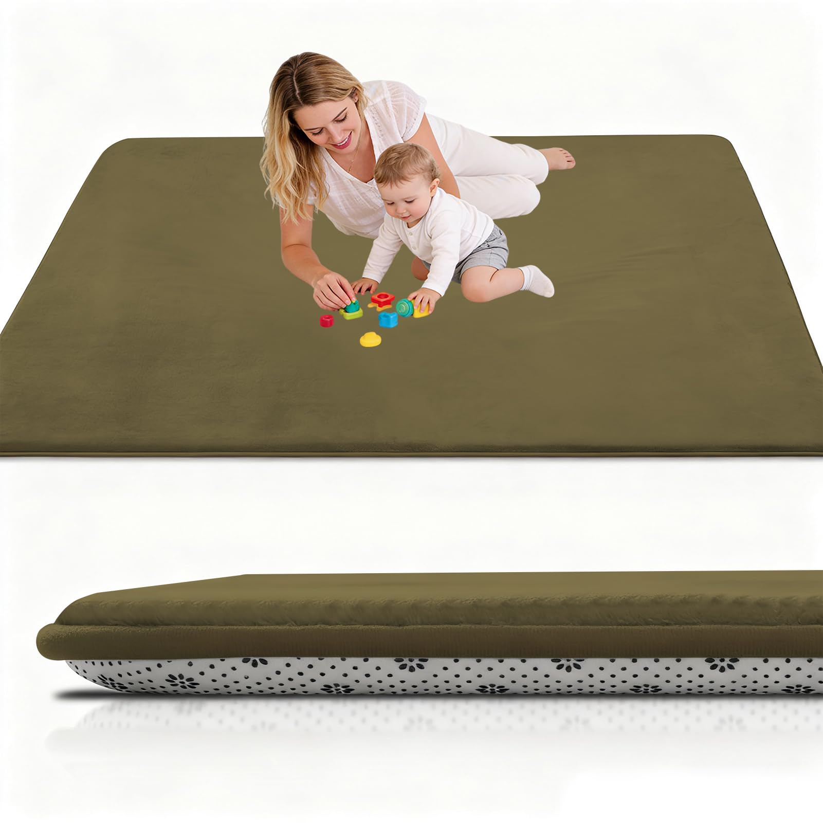 Stqyeiw Large Nursery Carpets 150 x 150 cm Army Green Memory Foam Play Mat for Baby Non Slip 2CM Thick Children's Play Mat for Crawling Play Tummy Time Area Rug Playmat for Floor Baby Play Mat