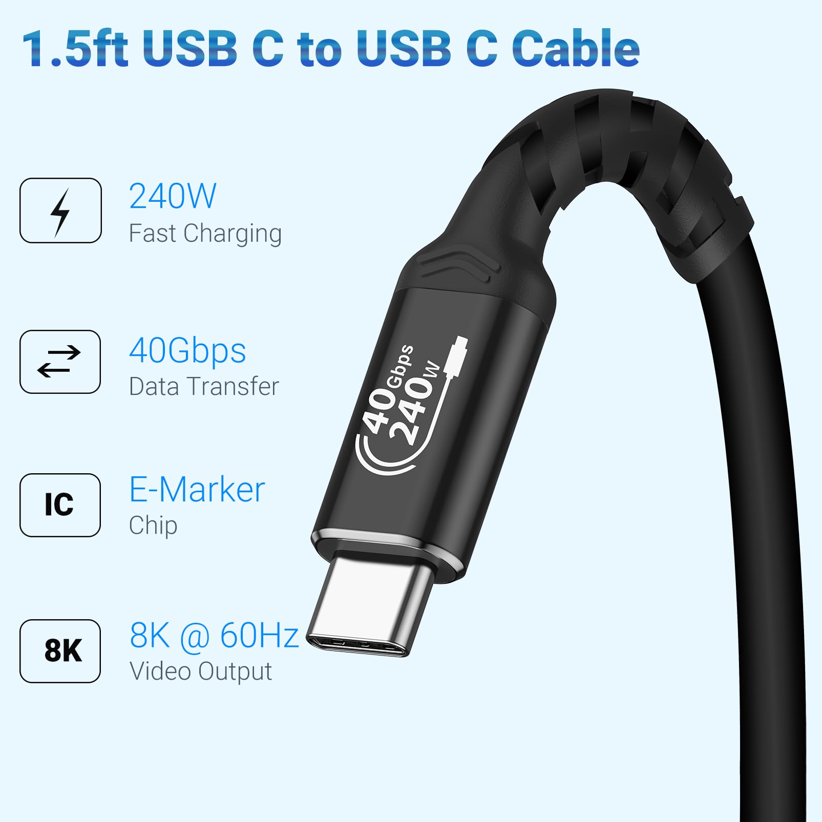 Lot de 2 câbles de données USB 4 40 Gbit/s (4,5 m), charge rapide 240 W, 8K/6K/5K @ 60 Hz, câble USB C vers USB C compatible avec iPhone 15/Pro/Plus/Pro Max, Samsung Galaxy, câble Thunderbolt