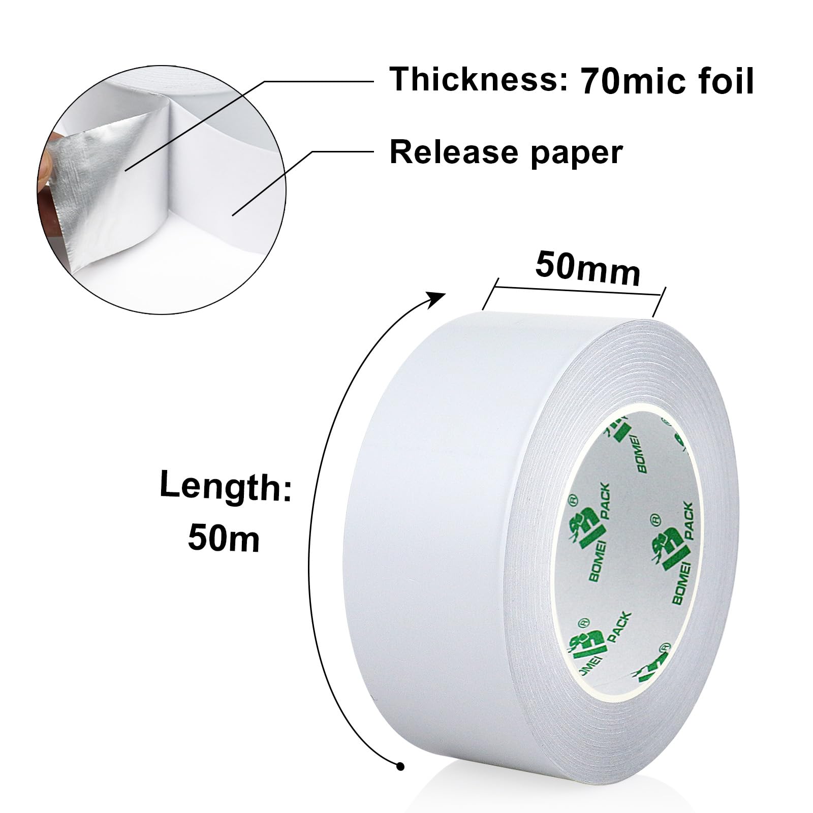 BOMEI PACK 2 rollos de cinta de aluminio blanco de 50 mm x 50 m, resistente al calor, cinta de lámina de alta temperatura, 2 pulgadas, reparación de tuberías aislantes, calefacción, ventilación