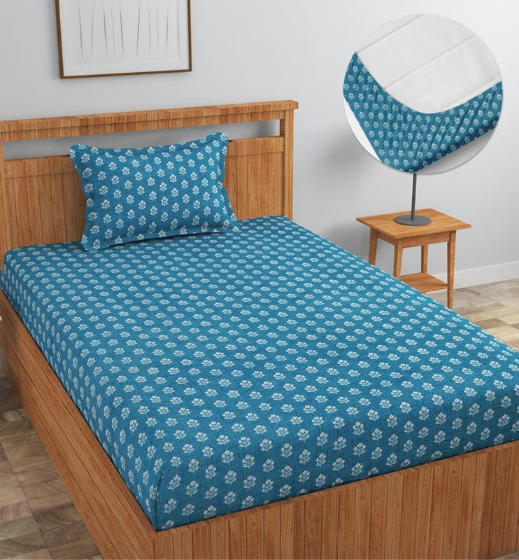 Image of NEW LEAF Premium Cotton Elastic Fitted Bedsheets with 1 Pillow Covers |Printed Single Bed Elastic 220 TC Supersoft Breathable & Wrinklefree | for 72x36+6 Inches, Teal Blue