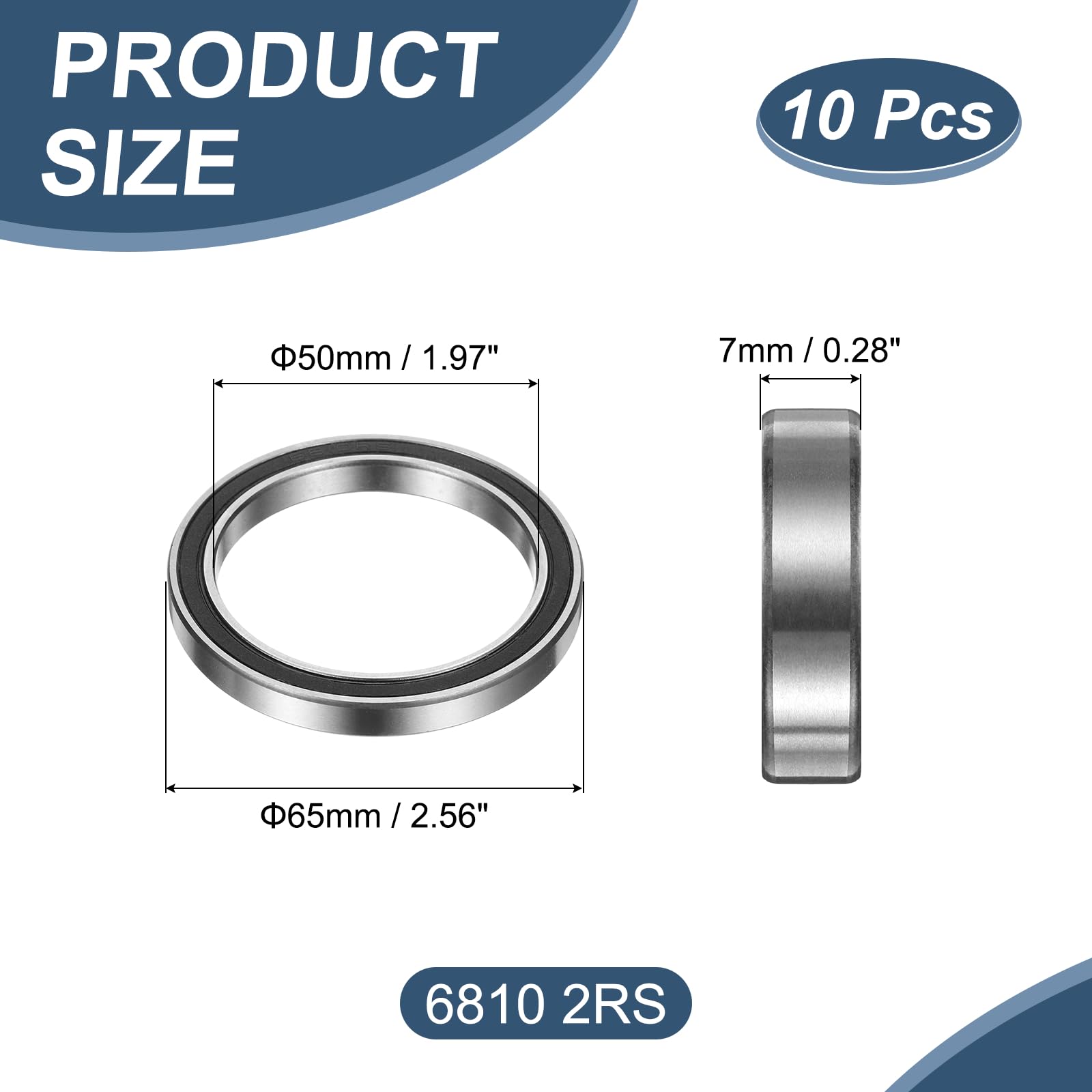 QUARKZMAN 10 Pezzi 6810 2RS Cuscinetti A Sfere Con Scanalatura Profonda, 50 X 65 X 7mm Acciaio Cromato Cuscinetto A Doppio Schermo Per Motori Elettrici (ABEC5)