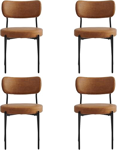 Miniatura 7 de Juego de 4 sillas de comedor marrones con respaldo curvo, sillas de comedor de cuero con asiento de cojín suave de poliuretano y patas de metal,