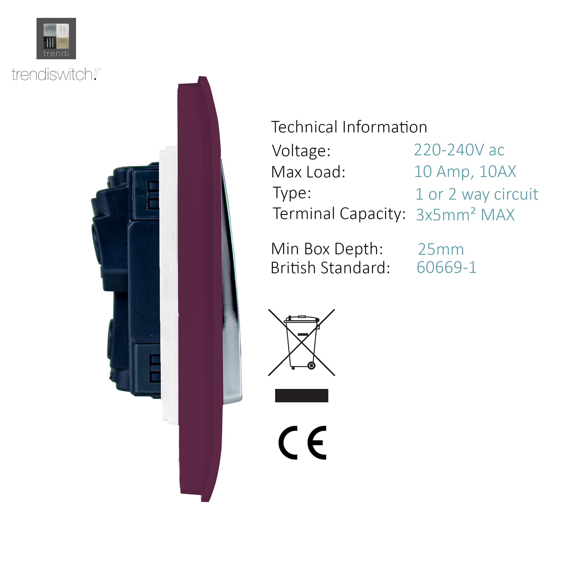 Trendi 2 Gang 2 Way Artistic Modern Glossy 10 Amp Rocker Tactile Light Switch Plum (Pack of 2) - Image 4