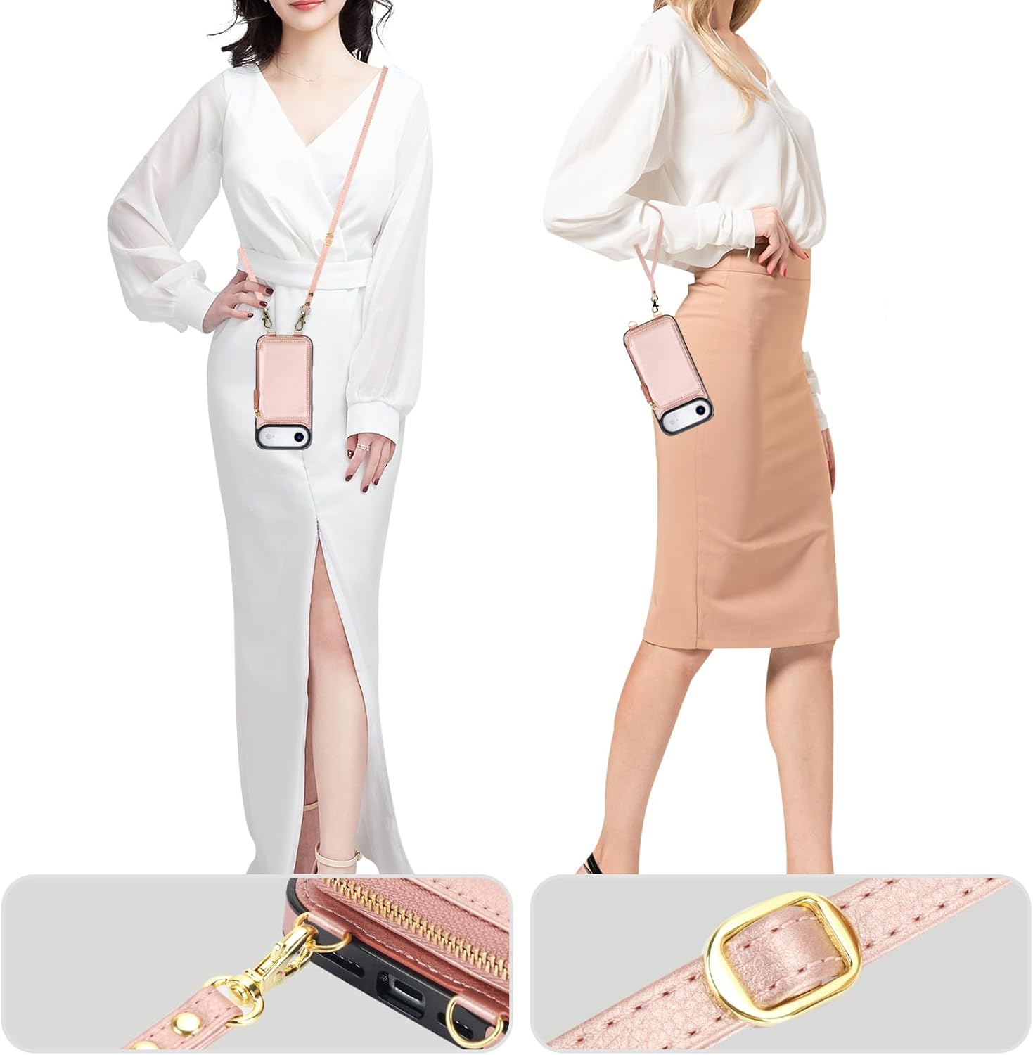 Bocasal for MagSafe Crossbody Wallet Case Compatible with iPhone 17 Air, RFID Blocking Protective Purse Case with Card Slots Holder Kickstand Wrist Strap Lanyard Zipper 6.5 Inch 5G (Rose Gold)