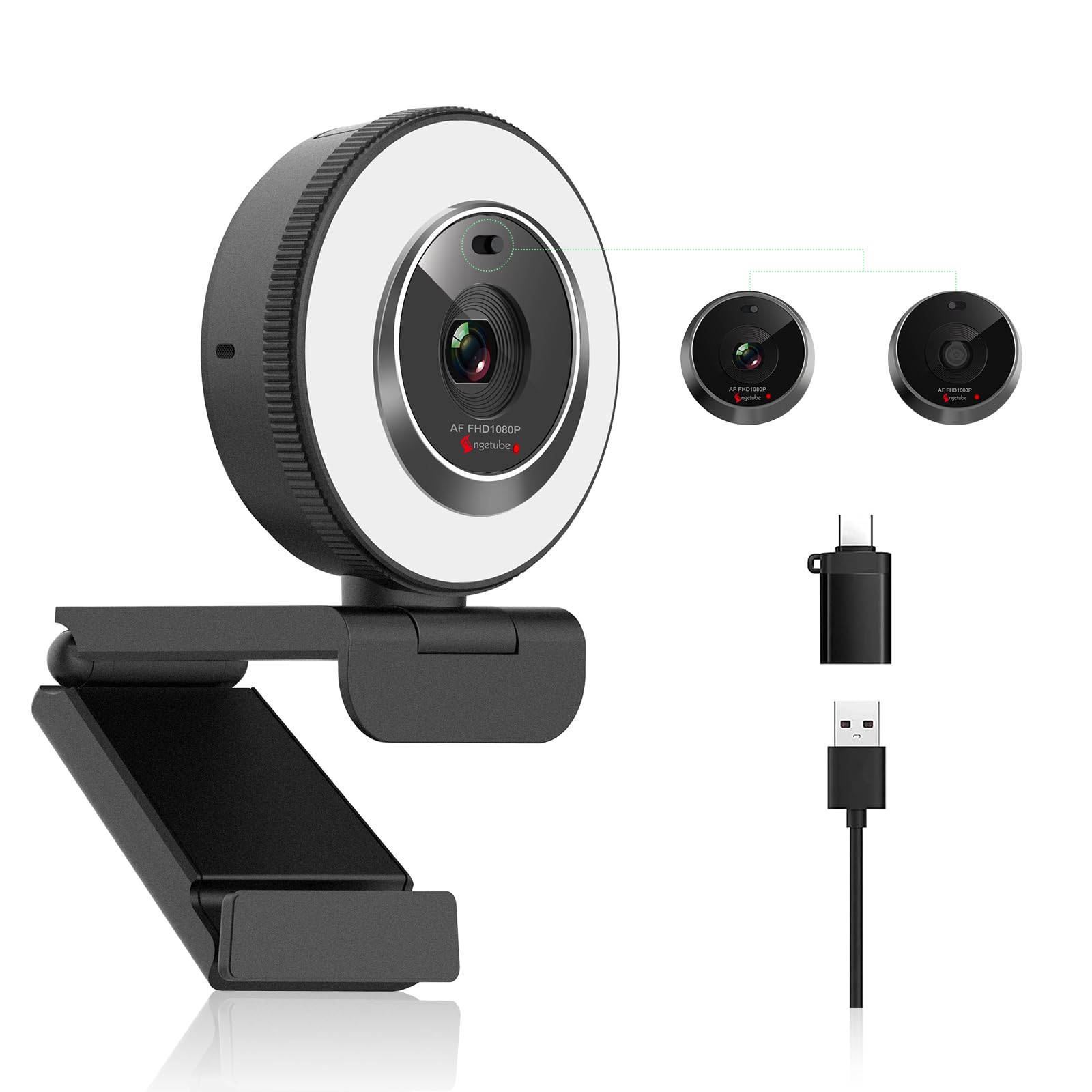 Angetube Webcam per PC, fotocamera USB 1080P/30fps con luce ad anello, Copertura Privacy, Autofocus, Microfono, Plug & Play Web Cam Per Zoom/Teams/YouTube, Laptop & Desktop