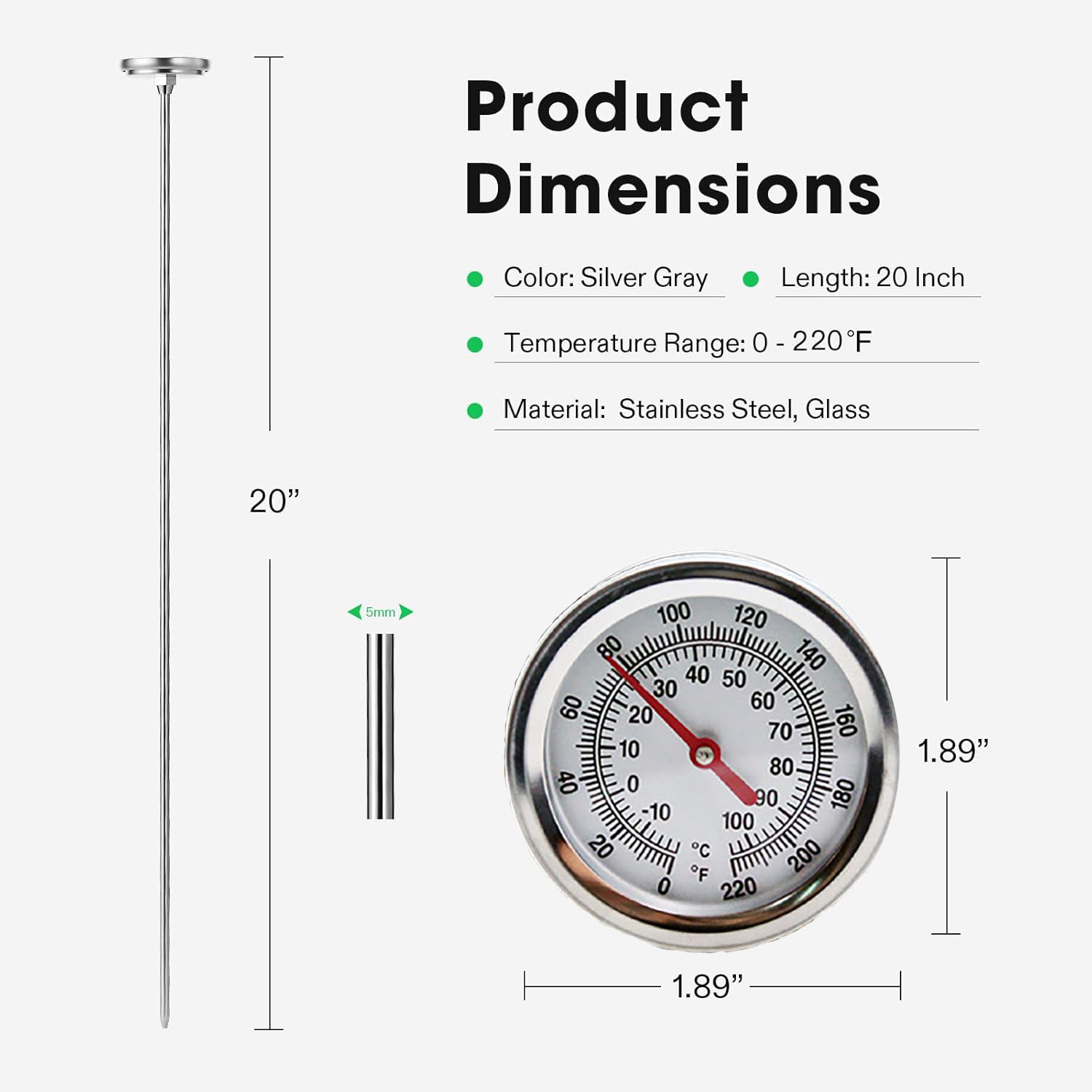 Stainless Steel Thermometer, 20 Inch Probe, for Frying, Brewing, Fermentation, Compost, Candle Making